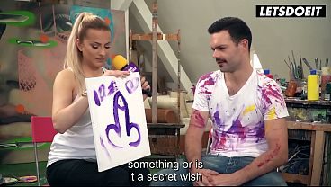 Slim Inked Blonde Flirts with Artist's Cock Between Paint Strokes... She's About to Get Fucked Hard