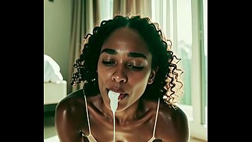 Ebony beauty sucks the cum out of a BBC AI-Generated.
