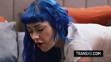 Blue-Haired Babe Getting Double Fucked by Trans Couple