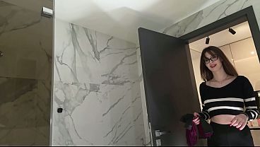 New secretary tall sexy horny brunette babe in glasses in the bathroom poses for many cameras