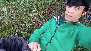Jon Arteen gay twink's soft strokes risky outdoor, uncut foreskin small penis, caught or not