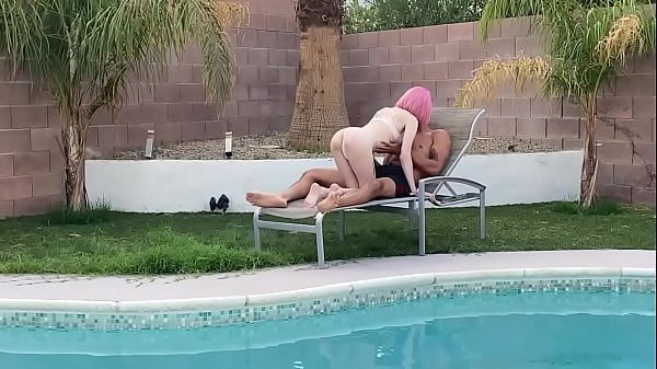 Tiny Pink Haired Trans Cutie Sucks Huge Cock by the Pool & Gets Blowjob