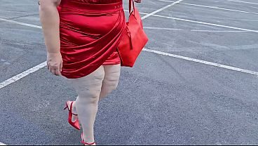 Beautiful woman walking outdoors in public parking lot showing off for strangers - Jamdown26 Dad0603 Dag0603