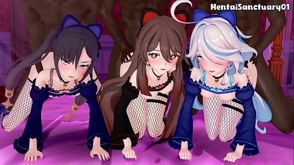 Furina, Hu Tao & Mona Interracial Gangbang Orgy— Genshin Impact