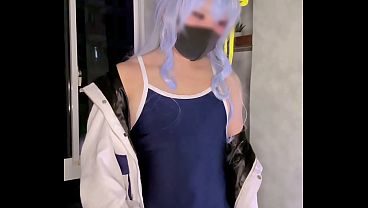 femboy suisei cosplayer in school swimsuit uses automated stroker and cums