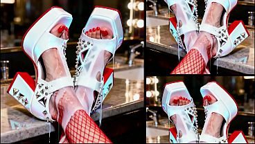 Shiny High-Heels full of cum on a bar counter. Messy semen from all sides