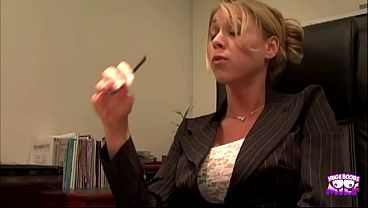 Skinny blonde chick with a big tits is licking cum from a hard cock