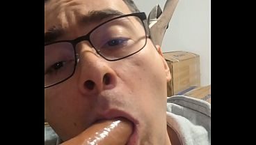 College boy sucks daddy's cock until he cums in his mouth (dildo)