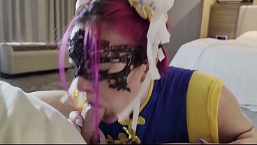 Wife in Chun Li cosplay blowjob with cum swallow