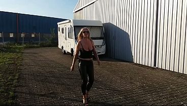Granny walking outside in shiny leggins!