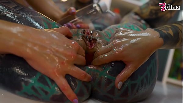 Lubricious Lesbians Threesome with Oil and Toys