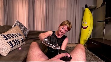 Mature WHORE wearing black dress jerking my BIG COCK in LATEX GLOVES, POV CUMSHOT