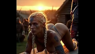 Tattooed Viking Blonde with Braids on All Fours for Muscular Warrior at Sunset
