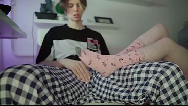 Cute Schoolgirl in Pink Socks Footjob Cum on Her Feet