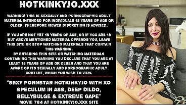Sexy pornstar Hotkinkyjo with XO speculum in ass, deep dildo, bellybulge & extreme gape