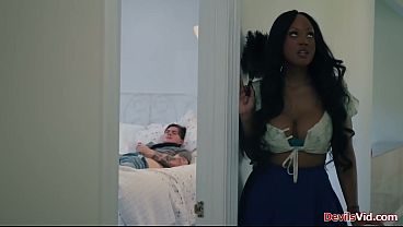 Ebony stepmom sucks stepsons white cock