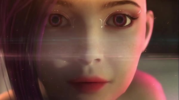 Neon Dreams cyberpunk beauty on her knees — intense blowjob and explosive cumshot