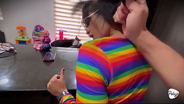 I caught my stepdaughter masturbating in the kitchen, she confessed that she was thinking about my thick cock.