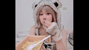 Femboy cosplaying in cute, fluffy beast outfit, Public toilet training: eating piss-soaked rice as a worthless meat toilet