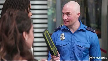Ebony Traveler and Busty Brunette Get Searched and Fucked by TSA Agent