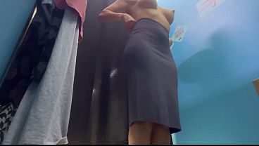 Dressing room. Hidden camera. Girl with big tits and big nipples