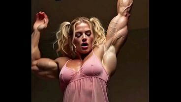 a very muscular girl loves to train her body by doing pull ups on the bar in her bedroom, wearing a pink dressing gown
