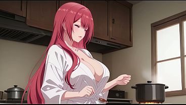 Stepson Came Home Early and Caught Dad's Wife Cooking in a Tiny Robe. Kureha Enomoto Hentai Cosplay (AI-generated)