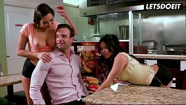 Two Busty Latinas Flash Their Big Tits at a Random Guy in a Diner