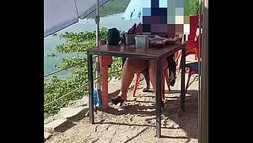 Open legs, no panties under table on bar